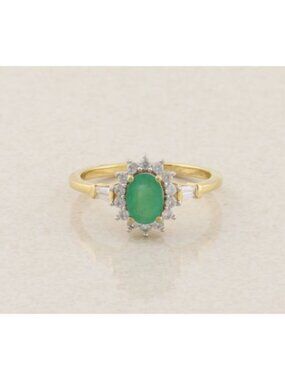 18k Gold Over Sterling Silver Natural Emerald & White Zircon Ring Size 8